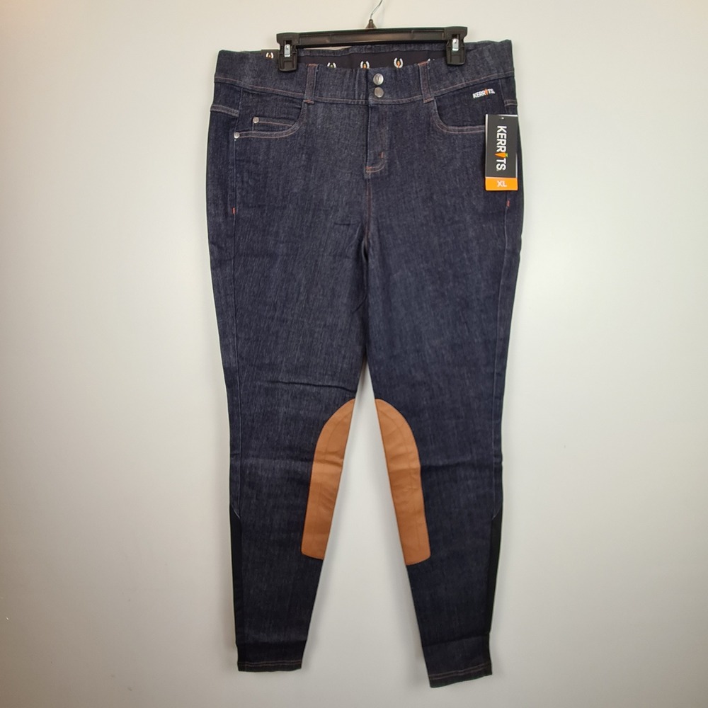 Kerrits Women XL Indigo Denim Stretch Knee Patch Riding Breeches NWT Equestrian